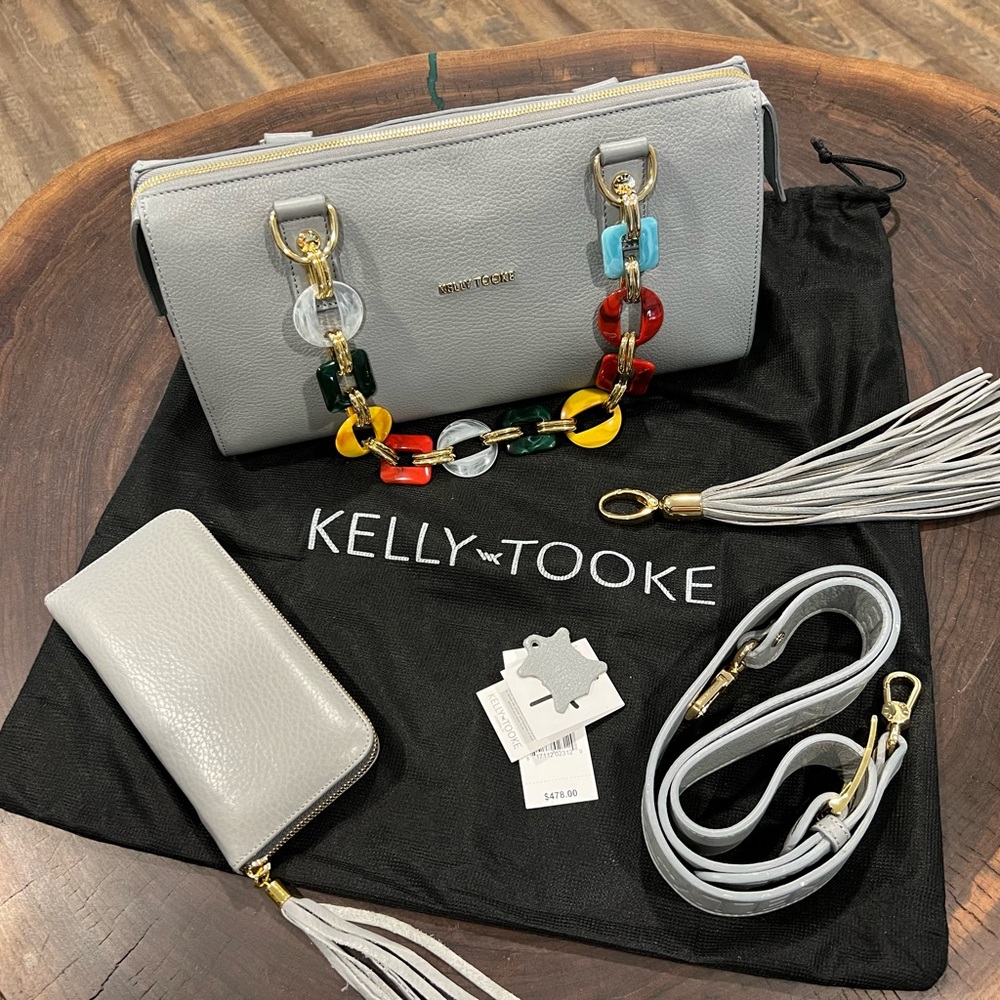 Kelly Tooke -Light Gray Handbag set w/Colorful Chain; includes zip wallet